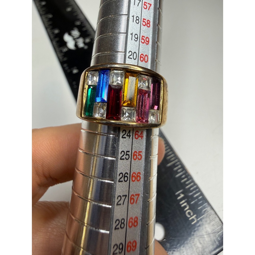18KGE Gold Electroplate Multi Color Gemstone Baguette Wide Band Ring Size 10.25